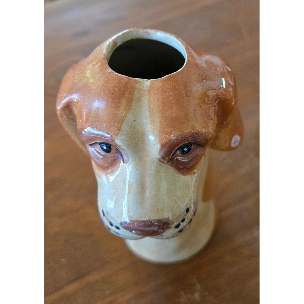 Kitschy Ceramic Hound Dog Bud Vase Hand Painted Glossy Glaze Brown Tan 7 Inch